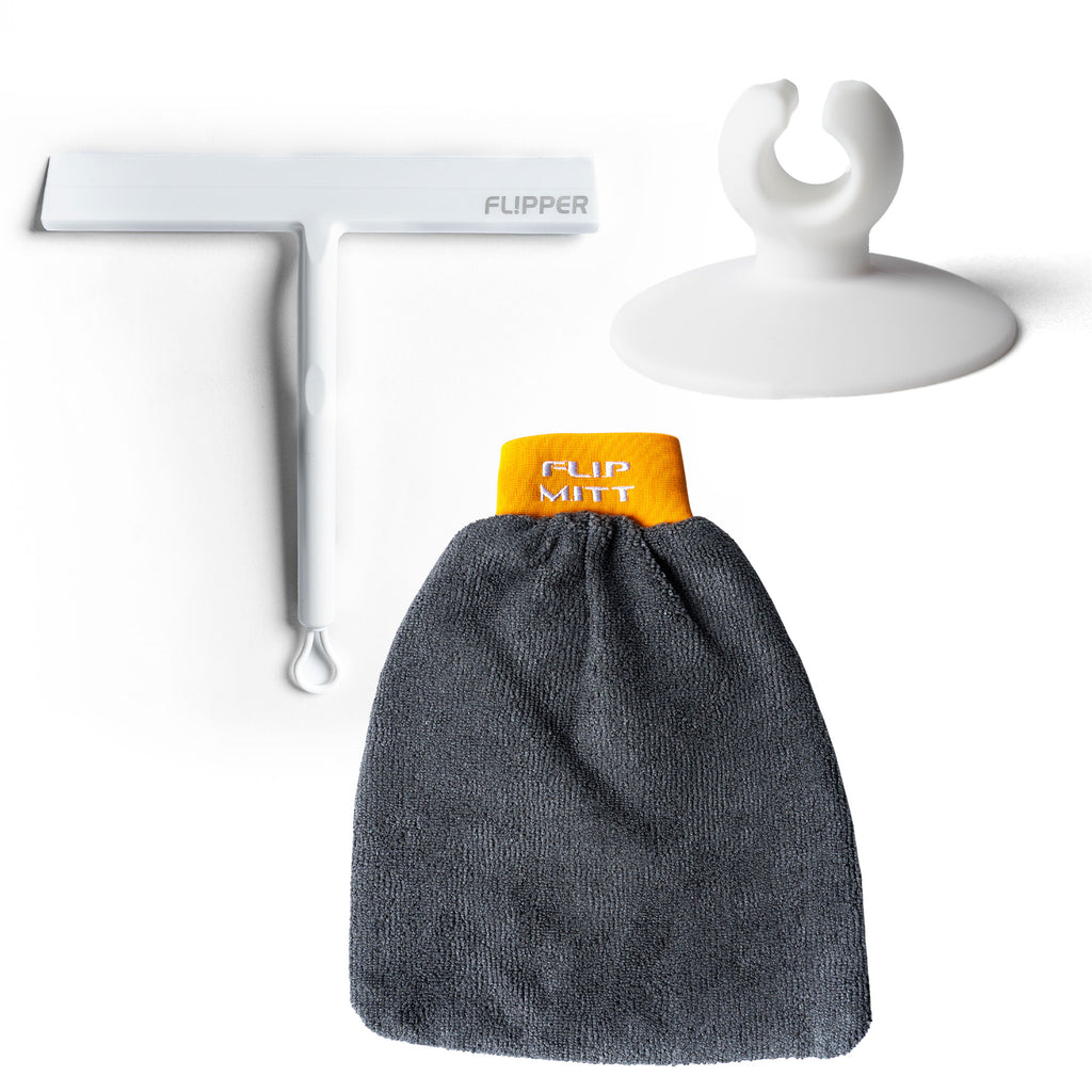 Car cleaning set with squeegee, hook, and gray microfiber mitt on a white background