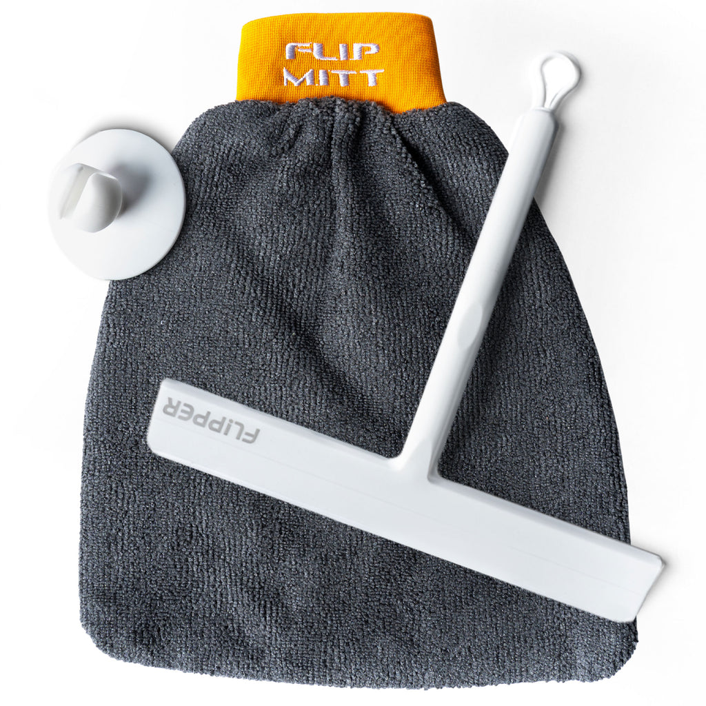 Gray cleaning mitt with white squeegee and orange top on a white background