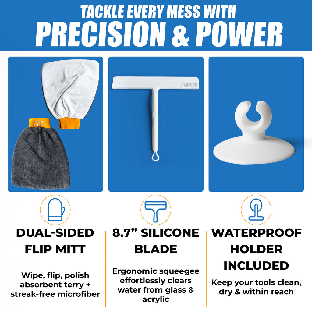 Cleaning tool set with dual-sided flip mitt, silicone blade, and waterproof holder on a blue background.