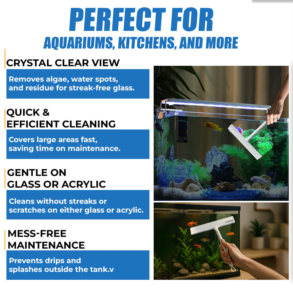 Product advertisement for a Flip Mitt and Squeegee cleaning tools for aquariums and kitchens with text highlighting features.