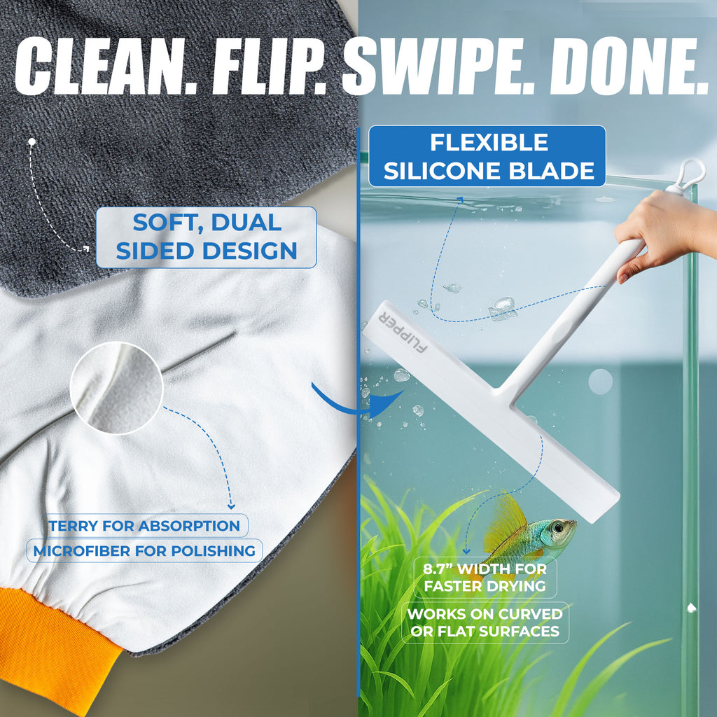 Cleaning tool with text describing features like 'Clean. Flip. Swipe. Done.' and 'Flexible Silicone Blade'.