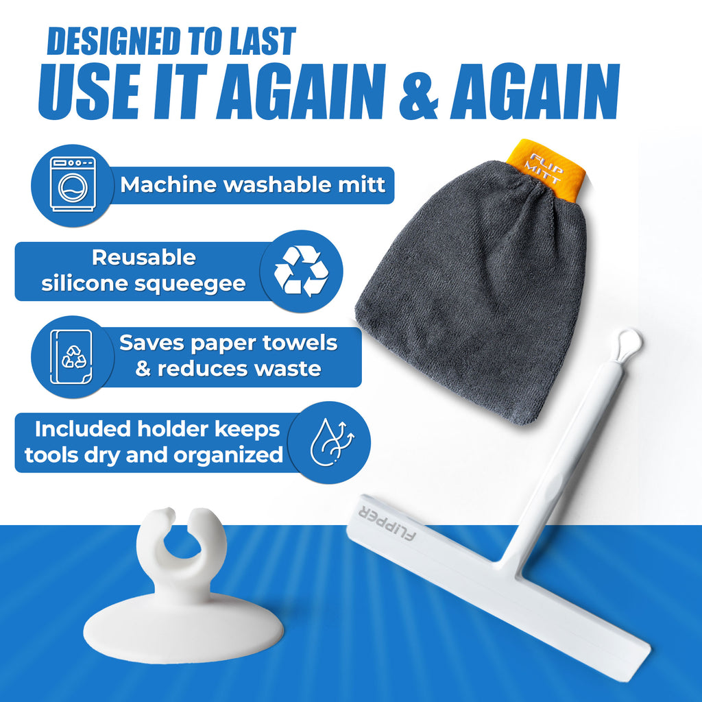 Cleaning tools with text highlighting features like machine washable mitt, reusable silicone squeegee, and waste reduction.