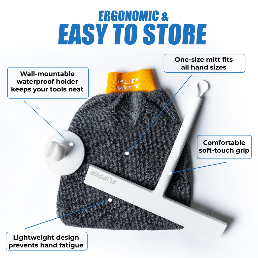 Flip Mitt and Squeegee microfiber cleaning mitt with white handle and text highlighting features on a white background
